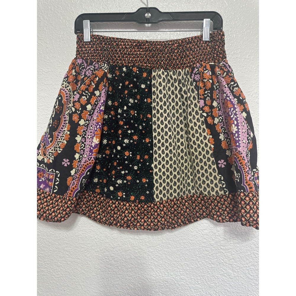 Confess Womens Patchwork Mini Skirt Medium Boho Floral Paisley Smocked Cotton - Picture 5 of 7